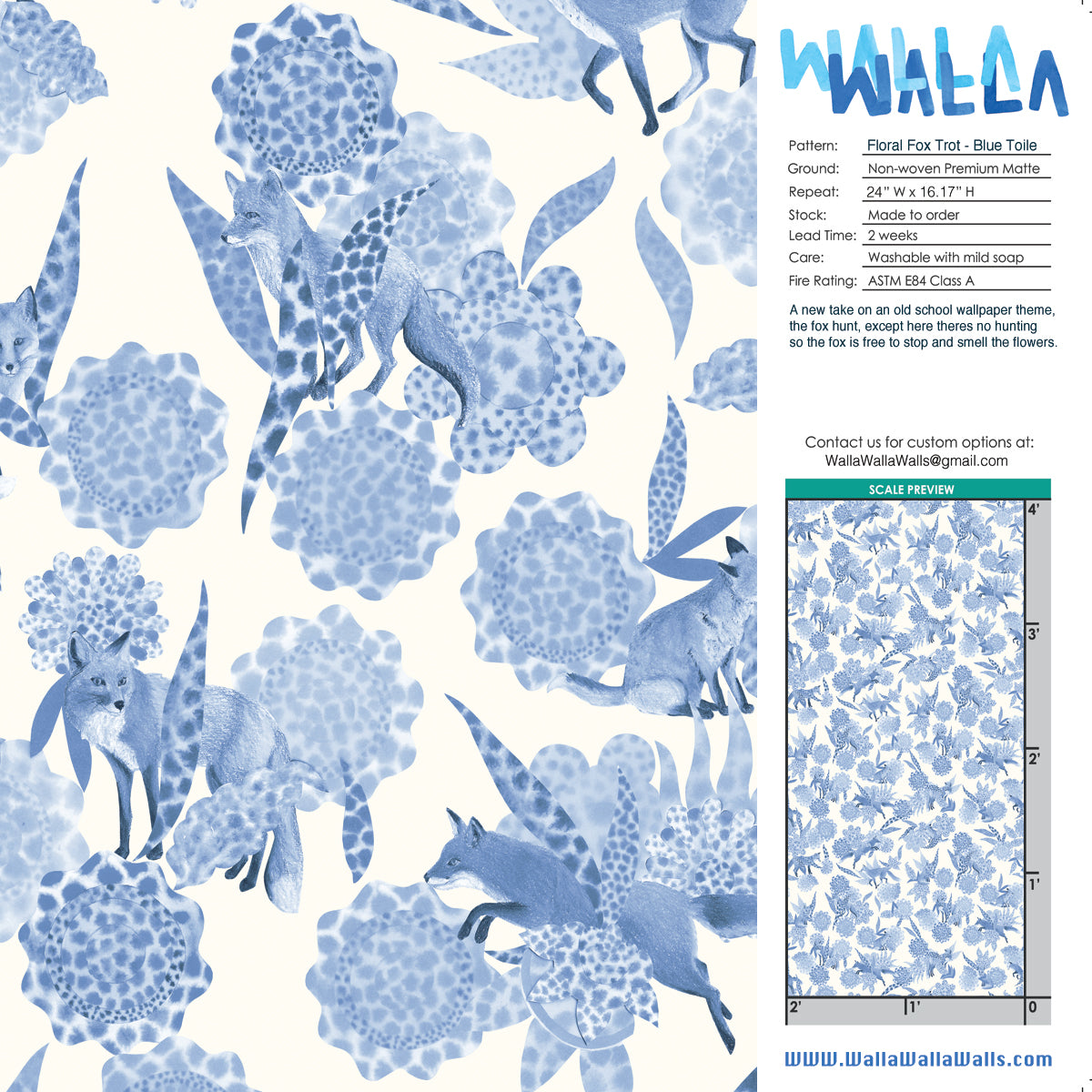 Floral Fox Trot - Blue Toile
